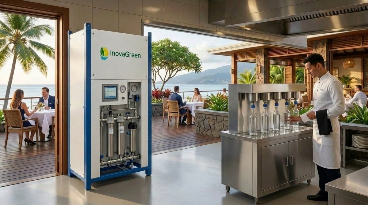 Premium water-from-air dispenser at a Kenyan eco-lodge, replacing plastic bottles